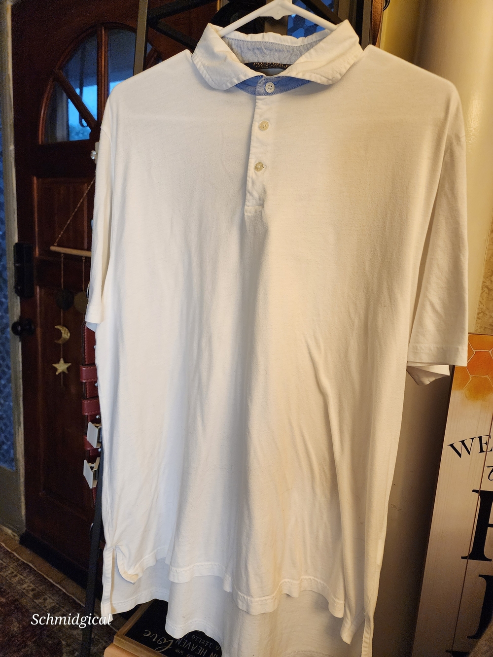 Polo Golf Ralph Lauren Mens Large White Polo Shirt Blue Collar Accent Peru